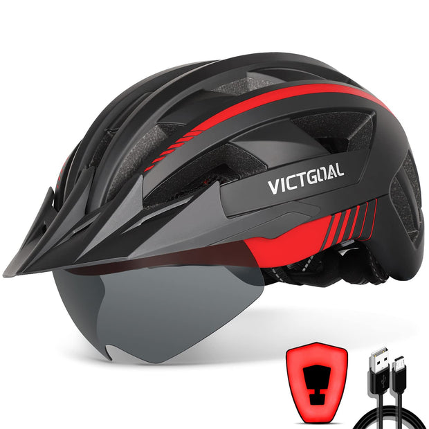 Victgoal Bike Helmet with USB Rechargeable LED Light Removable Magnetic Goggles Visor Breathable Mountain Bicycle Helmet for Unisex Men Women Adjustable Cycle Helmets