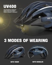 Victgoal Bike Helmet with USB Rechargeable LED Light Removable Magnetic Goggles Visor Breathable Mountain Bicycle Helmet for Unisex Men Women Adjustable Cycle Helmets