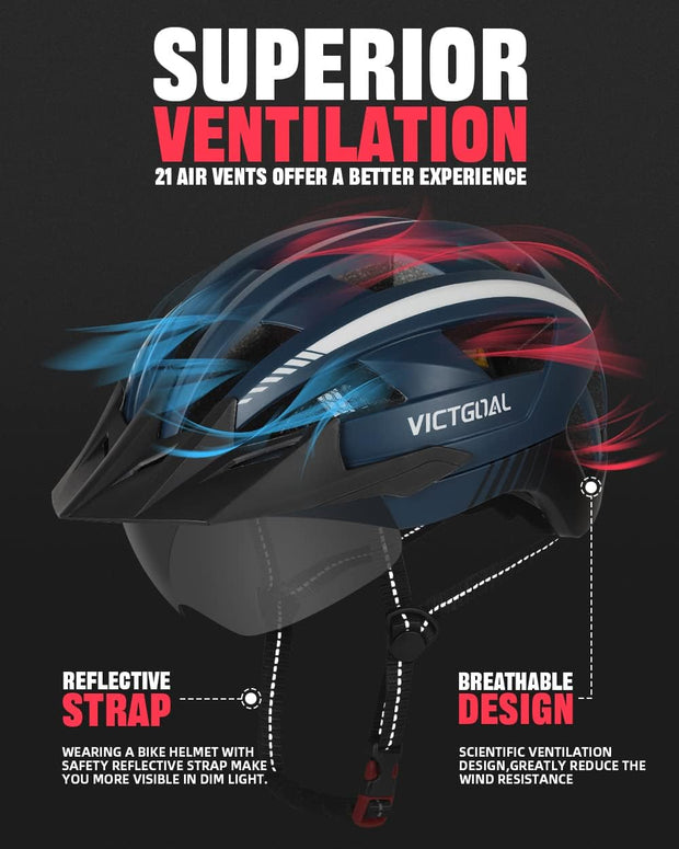 Victgoal Bike Helmet with USB Rechargeable LED Light Removable Magnetic Goggles Visor Breathable Mountain Bicycle Helmet for Unisex Men Women Adjustable Cycle Helmets