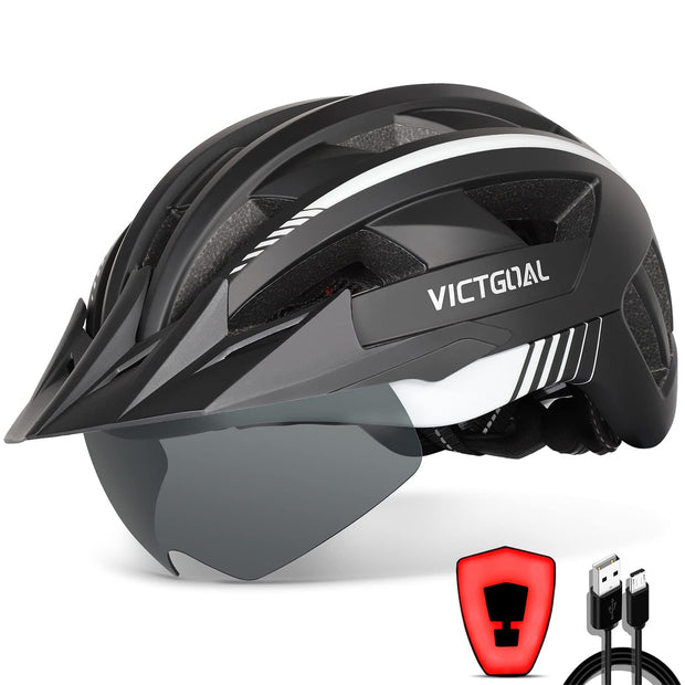 Victgoal Bike Helmet with USB Rechargeable LED Light Removable Magnetic Goggles Visor Breathable Mountain Bicycle Helmet for Unisex Men Women Adjustable Cycle Helmets