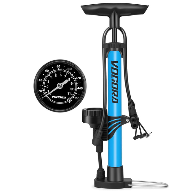 VOGORA Bike Pump with Pressure Gauge, Bicycle Pump with Presta & Schrader Valves Bike Pump for all Bikes, Foot Pump for Car Tyres, Road Mountain Bikes & Balls
