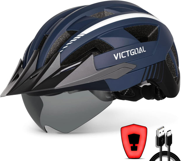 Victgoal Bike Helmet with USB Rechargeable LED Light Removable Magnetic Goggles Visor Breathable Mountain Bicycle Helmet for Unisex Men Women Adjustable Cycle Helmets
