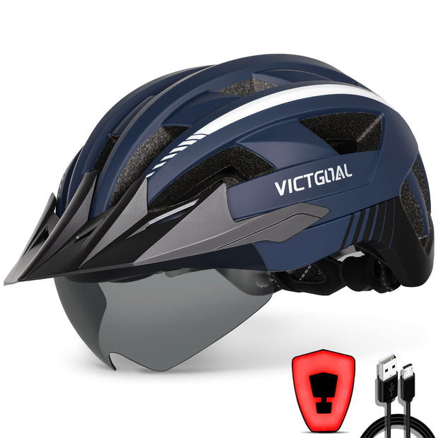 Victgoal Bike Helmet with USB Rechargeable LED Light Removable Magnetic Goggles Visor Breathable Mountain Bicycle Helmet for Unisex Men Women Adjustable Cycle Helmets
