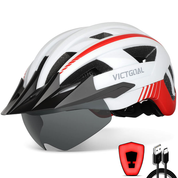 Victgoal Bike Helmet with USB Rechargeable LED Light Removable Magnetic Goggles Visor Breathable Mountain Bicycle Helmet for Unisex Men Women Adjustable Cycle Helmets