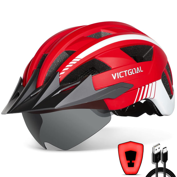 Victgoal Bike Helmet with USB Rechargeable LED Light Removable Magnetic Goggles Visor Breathable Mountain Bicycle Helmet for Unisex Men Women Adjustable Cycle Helmets