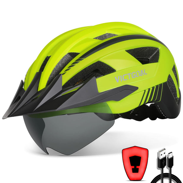 Victgoal Bike Helmet with USB Rechargeable LED Light Removable Magnetic Goggles Visor Breathable Mountain Bicycle Helmet for Unisex Men Women Adjustable Cycle Helmets