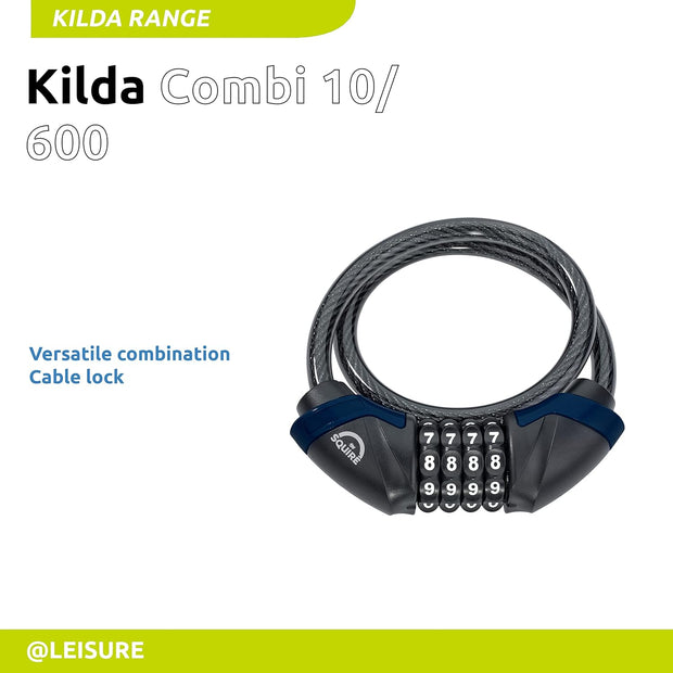 Squire Locks Kilda Combi 10/600 Integrated Bike Cable Lock – 4-Wheel Combination Lightweight Bike Lock – Tough Cable Bike Lock – 600 mm Locking Length – 10 mm Diameter Cable
