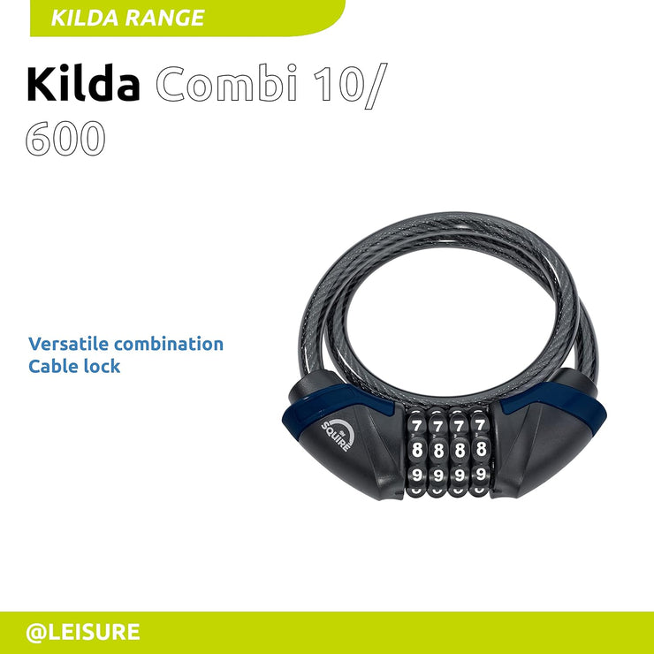 Squire Locks Kilda Combi 10/600 Integrated Bike Cable Lock – 4-Wheel Combination Lightweight Bike Lock – Tough Cable Bike Lock – 600 mm Locking Length – 10 mm Diameter Cable