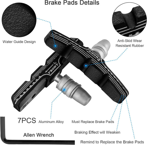 NUWAB 2 Pairs Premium Bike Brake Pads, Professional Mountain Bike V-Brake Pads with Hex Nuts and Spacers, Universal Bicycle Brake Blocks, 1PCS Allen Wrench Come With