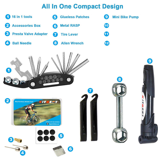 Kitbest Bike Repair Tool Kit, Bike Puncture Tire Patch Repair Tool Kit Contains 16-in-1 Bicycle Multi Tool, Portable Bicycle Cycling Road Mountain Bike Accessories for Men Women