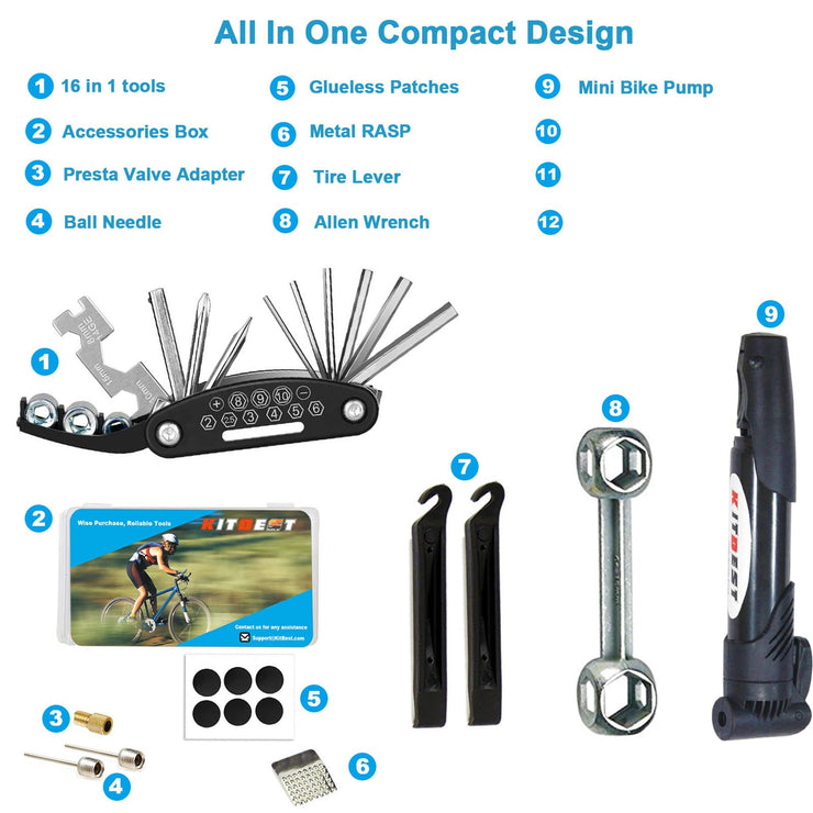 Kitbest Bike Repair Tool Kit, Bike Puncture Tire Patch Repair Tool Kit Contains 16-in-1 Bicycle Multi Tool, Portable Bicycle Cycling Road Mountain Bike Accessories for Men Women