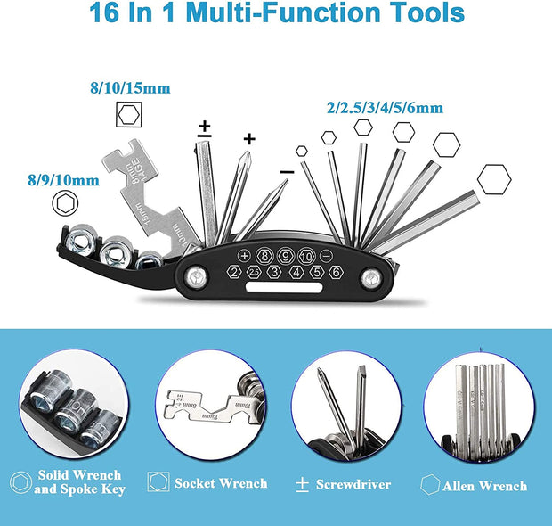Kitbest Bike Repair Tool Kit, Bike Puncture Tire Patch Repair Tool Kit Contains 16-in-1 Bicycle Multi Tool, Portable Bicycle Cycling Road Mountain Bike Accessories for Men Women