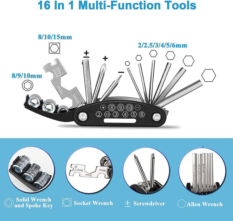Kitbest Bike Repair Tool Kit, Bike Puncture Tire Patch Repair Tool Kit Contains 16-in-1 Bicycle Multi Tool, Portable Bicycle Cycling Road Mountain Bike Accessories for Men Women