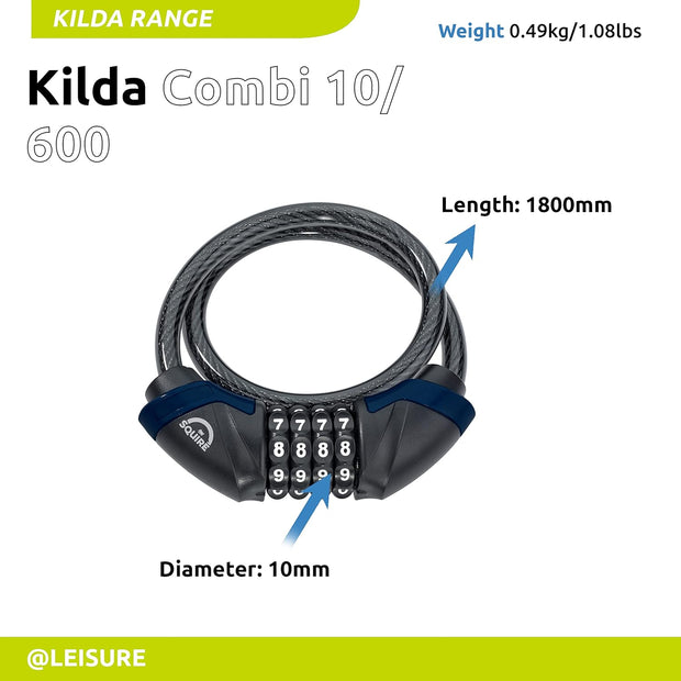 Squire Locks Kilda Combi 10/600 Integrated Bike Cable Lock – 4-Wheel Combination Lightweight Bike Lock – Tough Cable Bike Lock – 600 mm Locking Length – 10 mm Diameter Cable