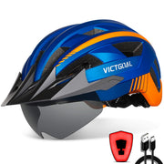 Victgoal Bike Helmet with USB Rechargeable LED Light Removable Magnetic Goggles Visor Breathable Mountain Bicycle Helmet for Unisex Men Women Adjustable Cycle Helmets