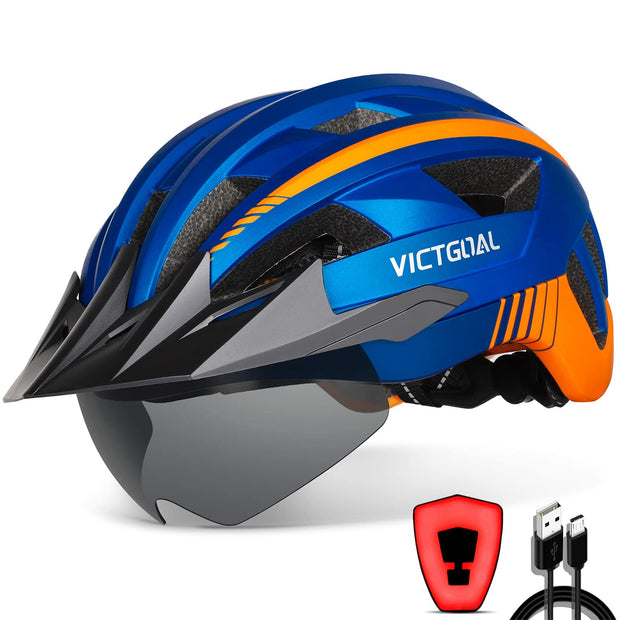 Victgoal Bike Helmet with USB Rechargeable LED Light Removable Magnetic Goggles Visor Breathable Mountain Bicycle Helmet for Unisex Men Women Adjustable Cycle Helmets