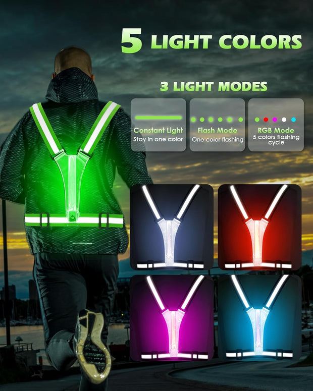 Zacro LED Reflective Vest Gear - Running Vest with 5 Light Colors, 3 Light Modes, USB Rechargeable, Adjustable Waist & Shoulder - High Visibility Light Up Reflective Gear for Night Walking, Cycling