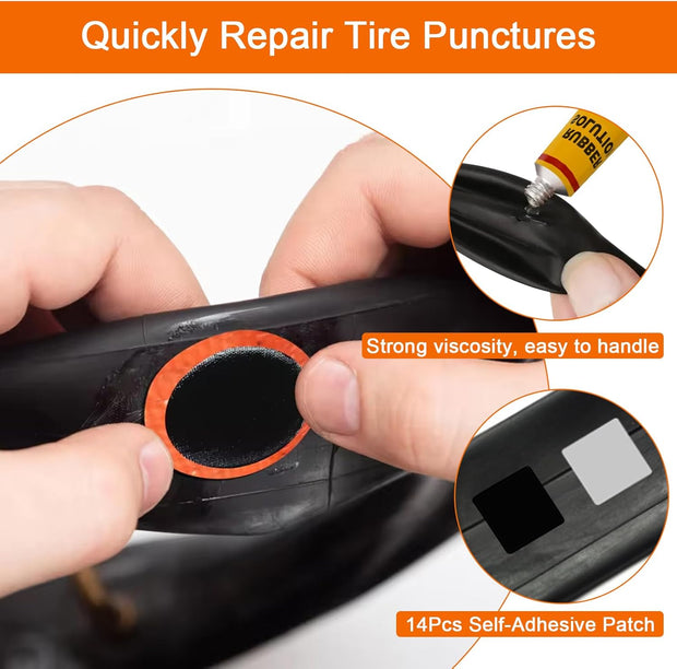 MirraSwit 128Pcs Bike Puncture Repair Kit, Self-Adhesive Puncture Repair Patches, Puncher Repair Kit Bicycle, with Metal Crowbar File for Mountain/Road Bike or Commuter Bikes