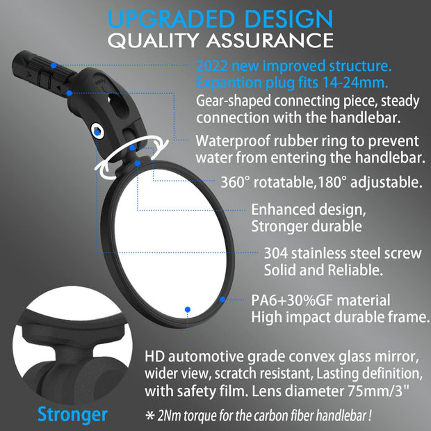 BriskMore Bike Mirrors, HD Glass Convex Lens Bicycle Rearview Mirror, 2PCS Safe Cycling Rear View Mirror