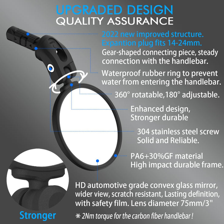 BriskMore Bike Mirrors, HD Glass Convex Lens Bicycle Rearview Mirror, 2PCS Safe Cycling Rear View Mirror