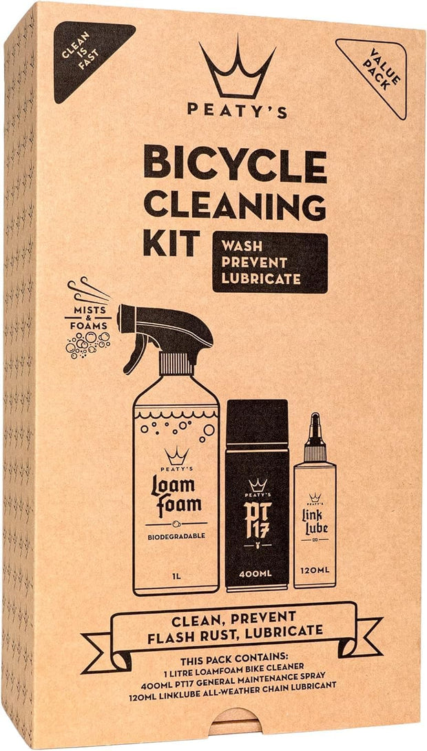 Peaty's Bicycle Cleaning Kit - Wash, Prevent (Rust) & Lubricate - Essentials For Bike Care - Biodegradable Foaming Cleaner, Maintenance Spray & All Terrain Chain Lube - Carbon Safe, MTB, Road, E-Bike