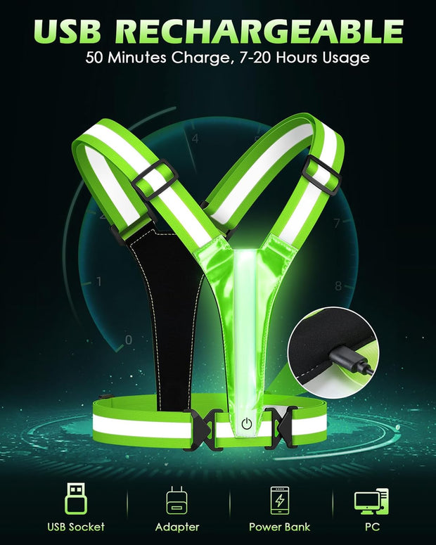 Zacro LED Reflective Vest Gear - Running Vest with 5 Light Colors, 3 Light Modes, USB Rechargeable, Adjustable Waist & Shoulder - High Visibility Light Up Reflective Gear for Night Walking, Cycling