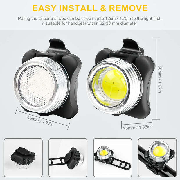 DURTAIL Bike Light Set, Rechargeable Bicycle Lights, Super Bright USB Rechargeable Bike light, 650 mAh Li-ion Battery, IPX6 Waterproof Super Bright Front and Rear Lights, Cycling, Camping（2 Pieces）