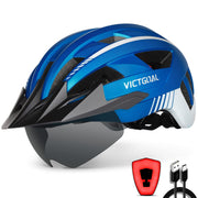 Victgoal Bike Helmet with USB Rechargeable LED Light Removable Magnetic Goggles Visor Breathable Mountain Bicycle Helmet for Unisex Men Women Adjustable Cycle Helmets