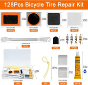 MirraSwit 128Pcs Bike Puncture Repair Kit, Self-Adhesive Puncture Repair Patches, Puncher Repair Kit Bicycle, with Metal Crowbar File for Mountain/Road Bike or Commuter Bikes
