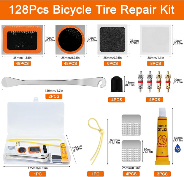 MirraSwit 128Pcs Bike Puncture Repair Kit, Self-Adhesive Puncture Repair Patches, Puncher Repair Kit Bicycle, with Metal Crowbar File for Mountain/Road Bike or Commuter Bikes