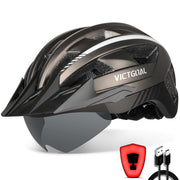 Victgoal Bike Helmet with USB Rechargeable LED Light Removable Magnetic Goggles Visor Breathable Mountain Bicycle Helmet for Unisex Men Women Adjustable Cycle Helmets