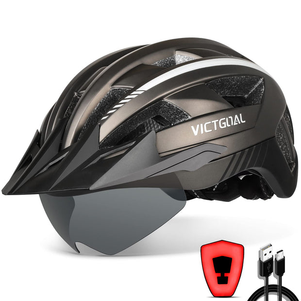 Victgoal Bike Helmet with USB Rechargeable LED Light Removable Magnetic Goggles Visor Breathable Mountain Bicycle Helmet for Unisex Men Women Adjustable Cycle Helmets