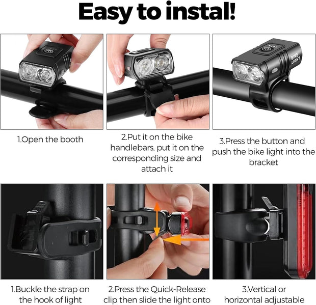 Woobroo Rechargeable Bike Lights Set Front and Back, LED Ultra Bright 6 Light Modes Bicycle Lights, Super Long Standby Bicycle Lights & IP65 Waterproof Bike Light Set, Road Mountain Bike Lights