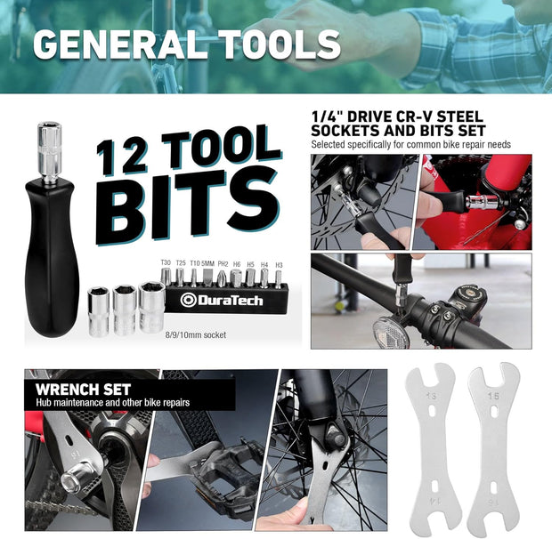 DURATECH 31-Piece Bicycle Repair Set, Bicycle Repair kit with Tool Box, Bike Tool Kit, Home Multi-Purpose Repair Kit, Suitable for Bike Tire Chain Repairs, Home Routine Repair, DIY