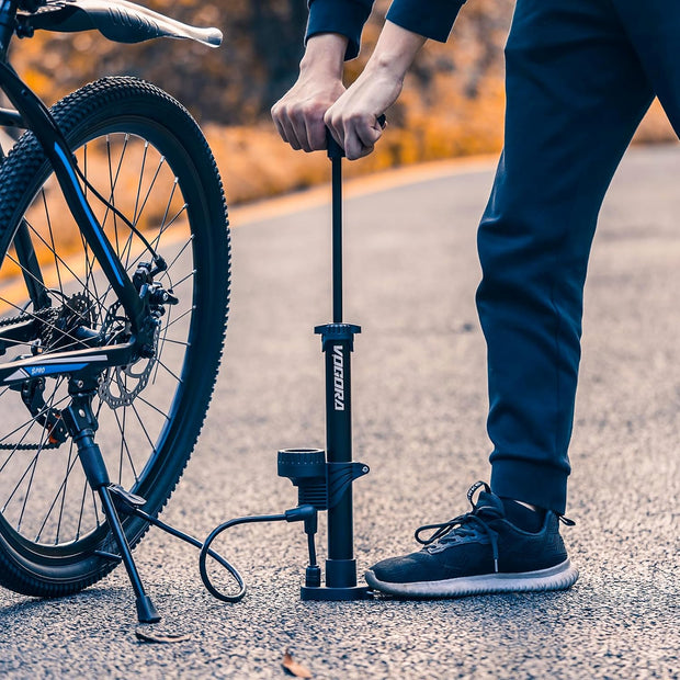 VOGORA Bike Pump with Pressure Gauge, Bicycle Pump with Presta & Schrader Valves Bike Pump for all Bikes, Foot Pump for Car Tyres, Road Mountain Bikes & Balls