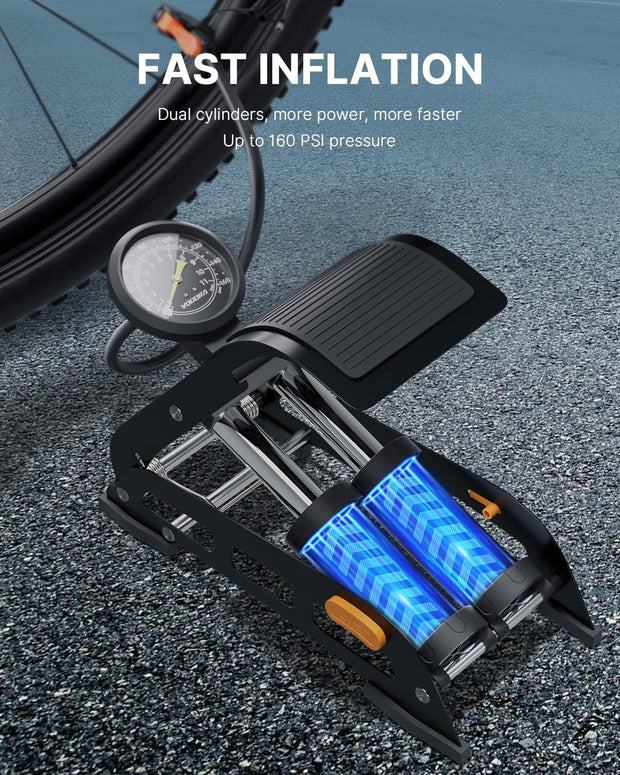VOGORA Bike Foot Pump, Double Barrel Bicycle Pump with Schrader and Presta Valves for all Bikes, Bike Floor Tyre Pump for Car Tyres with 160PSI Precision Pressure Gauge for Road Mountain Bikes & Balls