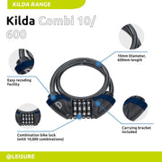 Squire Locks Kilda Combi 10/600 Integrated Bike Cable Lock – 4-Wheel Combination Lightweight Bike Lock – Tough Cable Bike Lock – 600 mm Locking Length – 10 mm Diameter Cable