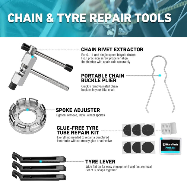DURATECH 31-Piece Bicycle Repair Set, Bicycle Repair kit with Tool Box, Bike Tool Kit, Home Multi-Purpose Repair Kit, Suitable for Bike Tire Chain Repairs, Home Routine Repair, DIY