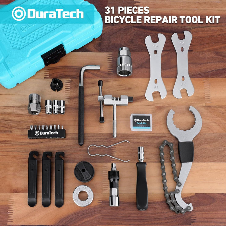DURATECH 31-Piece Bicycle Repair Set, Bicycle Repair kit with Tool Box, Bike Tool Kit, Home Multi-Purpose Repair Kit, Suitable for Bike Tire Chain Repairs, Home Routine Repair, DIY