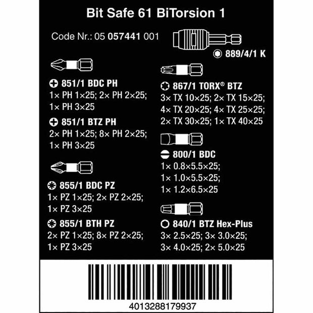 Wera Tools BitSafe BiTorsion Bit Set PZ/PH/SL BDC/BTZ 61pc