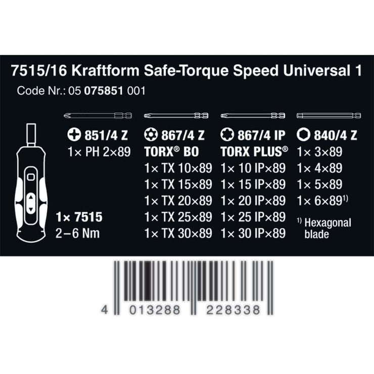 Wera Tools 7515/16 Kraftform Safe Torq Spd Uni 1 2-6nm 16pc